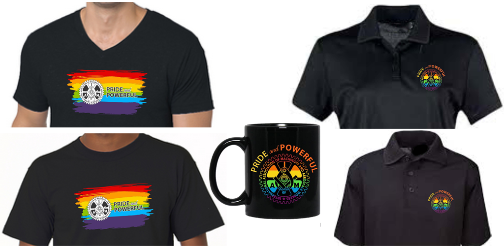 Pictures of shirts and a mug with the IAM rainbow logo